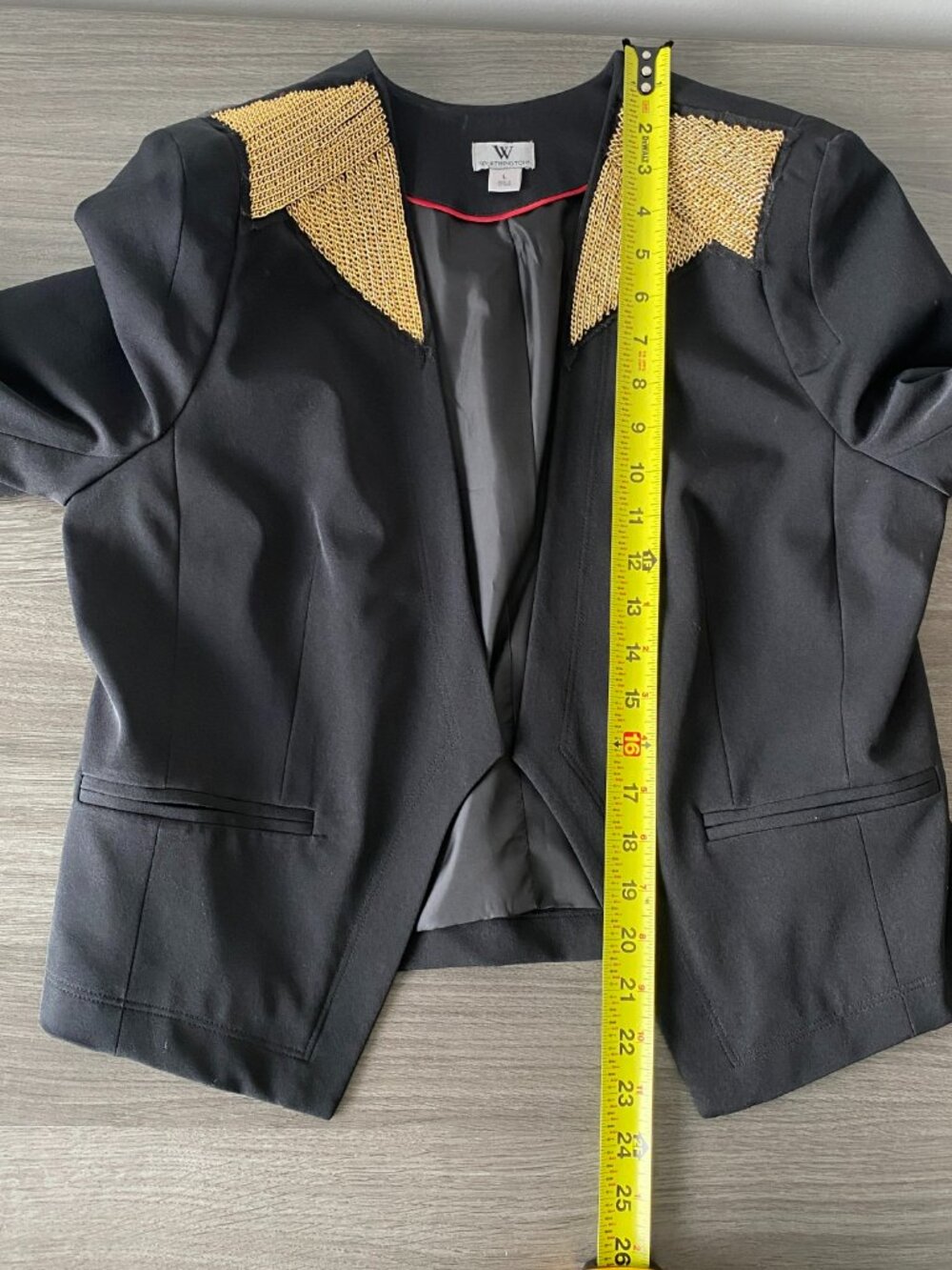 Worthington Black Open Front Blazer Jacket Gold Metallic Collar Accent Women's L - Picture 7 of 7
